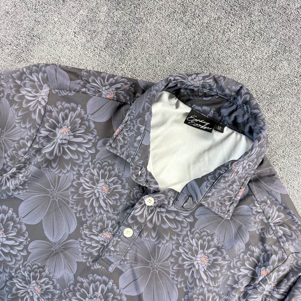 Sunday Swagger Mens Floral Golf Polo Shirt Gray Blue Chrysanthemum Size M